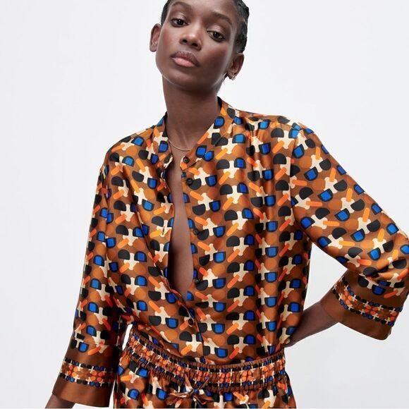 ZARA PRINTED BAND COLLAR SHIRT - Picture 6 of 8